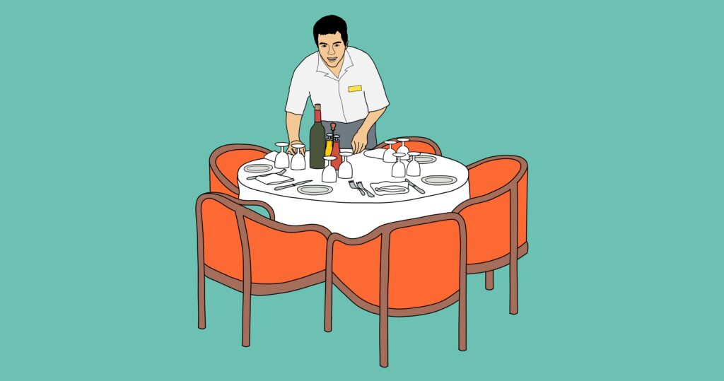 Illustration of Luis Furushio working as a waiter on the Costa Classica cruise ship, setting a round dining table with glasses and wine bottles.