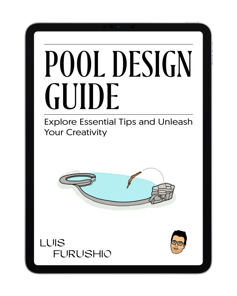 Cover of the Pool Design Guide by Luis Furushio with an illustration of a pool and diving board, a free guide for creative pool designs.