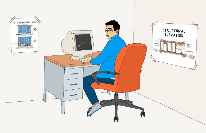 Illustration of a young architect working at a computer drafting structural plans, with building retrofit and elevation drawings pinned on the wall.