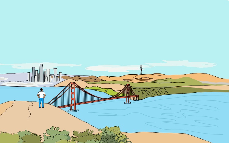Illustration of a man standing on a hill overlooking the Golden Gate Bridge and San Francisco skyline on a clear day.