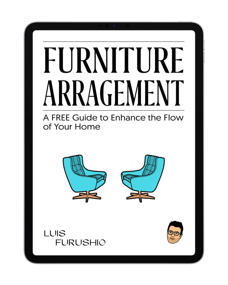 Cover of the Furniture Arrangement Guide by Luis Furushio featuring two blue chairs, a free guide to enhance the flow of your home.