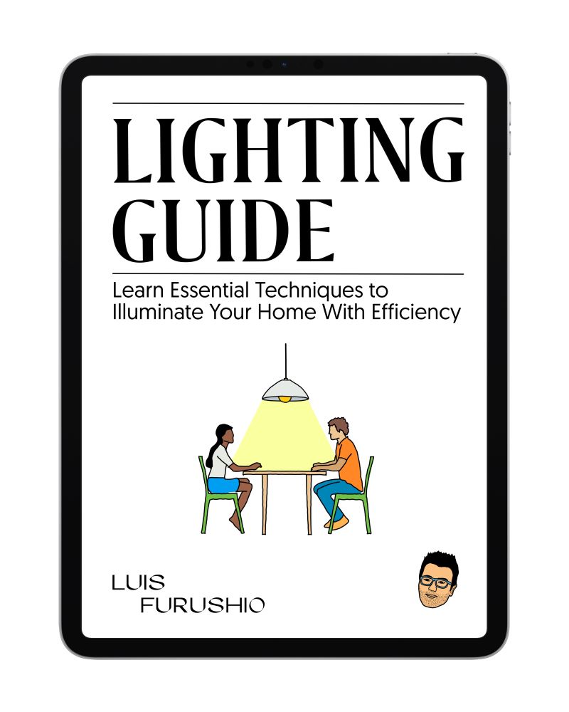 Cover of the Lighting Guide by Luis Furushio featuring a dining table with overhead lighting, a free guide on efficient lighting techniques.