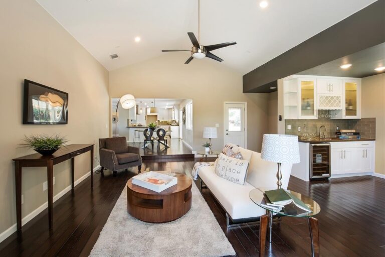 Living room remodel with vaulted ceiling and dark wood flooring, SF Bay Area