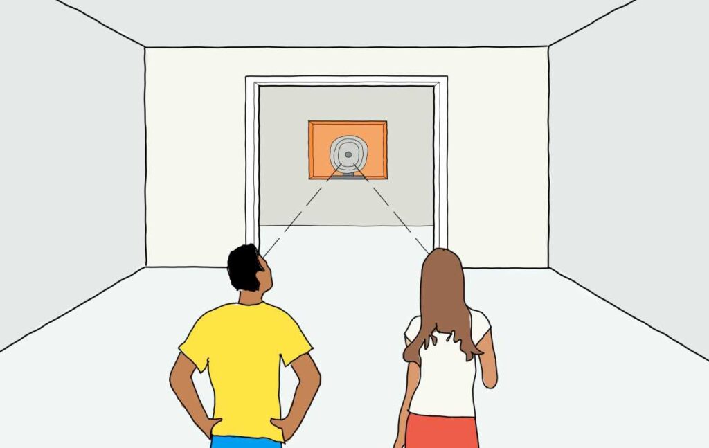 Illustration of two people looking through aligned doorways at a framed object, showing how focal points create visual emphasis in residential design.