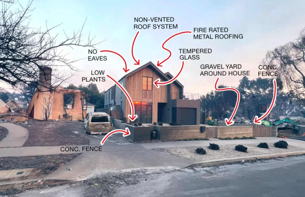 House with fire-resistant design features including metal roofing, tempered glass, gravel yard, concrete fence, and low plants, standing after a wildfire while neighboring homes are destroyed.