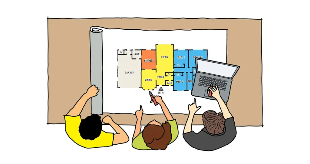 Illustration of three people reviewing a residential floor plan, pointing at kitchen, living room, bedroom, and bathroom areas.