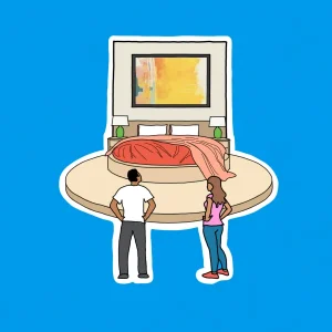 Illustration of a bedroom with a bed framed by artwork above the headboard, creating a strong focal point in the room.